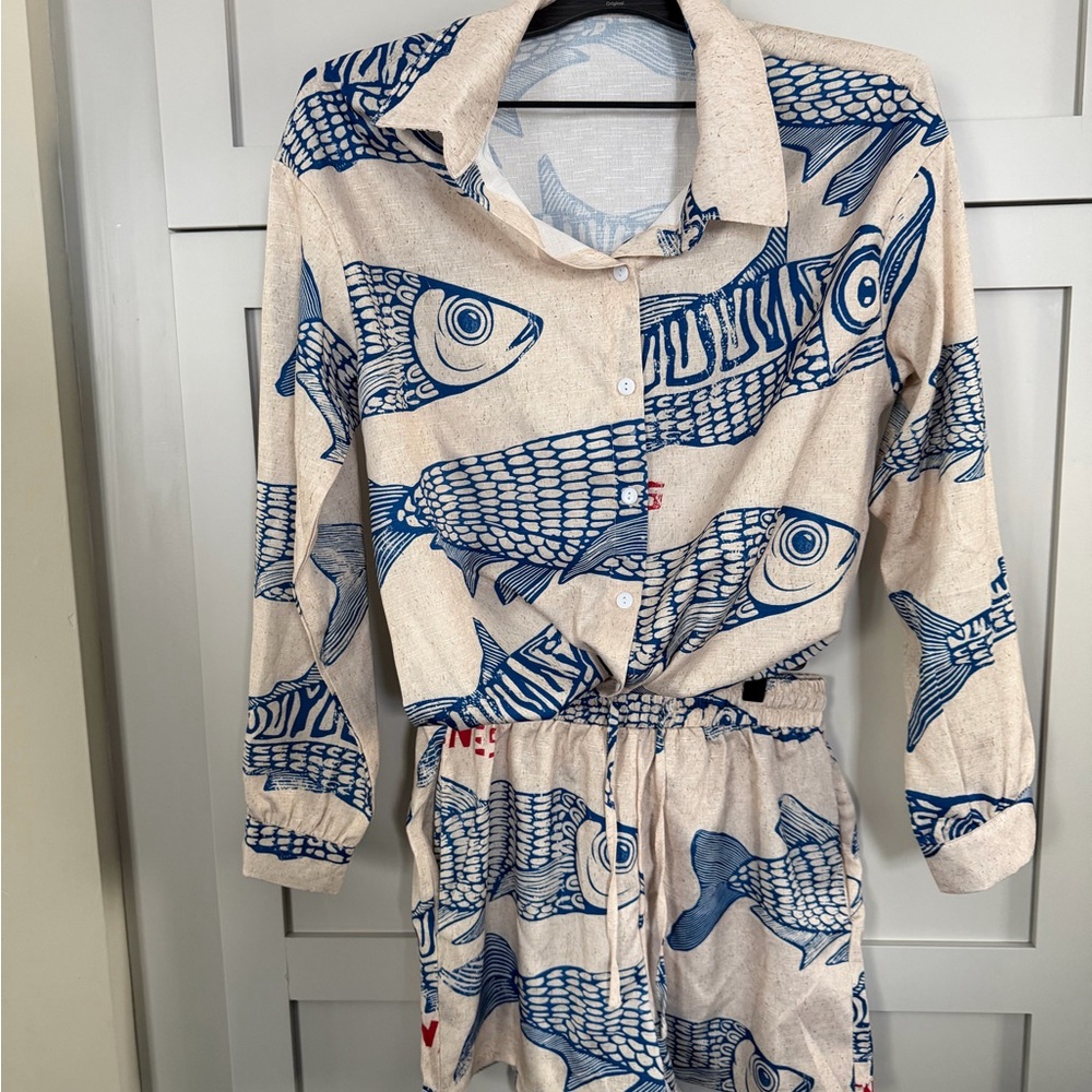 Blue Fish Print Shirt and Short Set